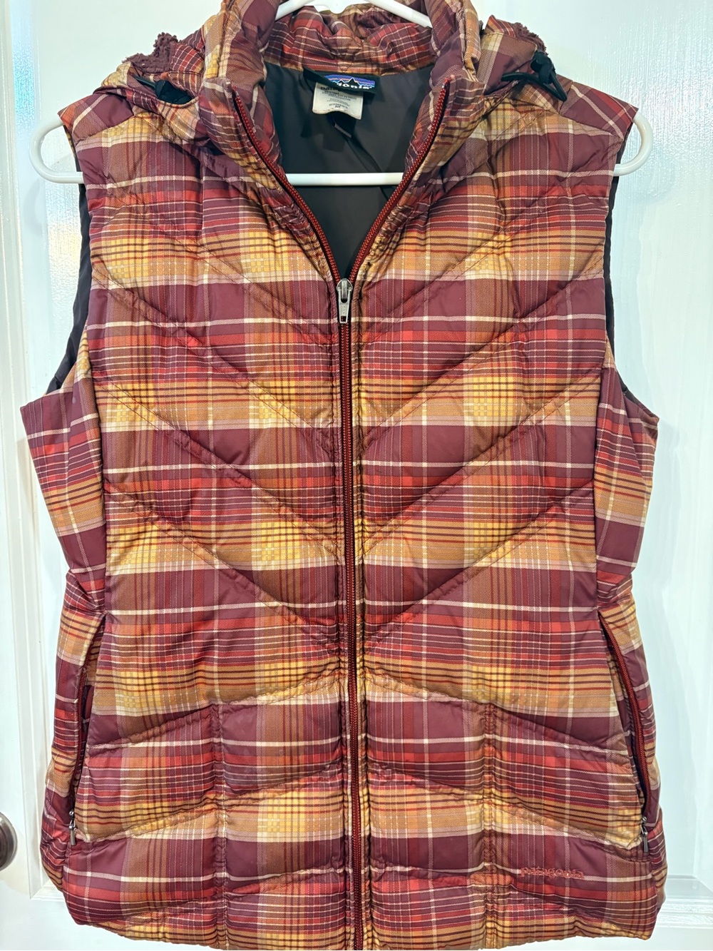 Patagonia Quilted Hooded Vest - Burgundy & Gold Plaid
